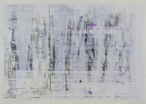 Artwork made from layers of architectural drawings.