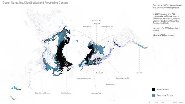 World map of Ocean Spray. Inc. distrubution and processing centers